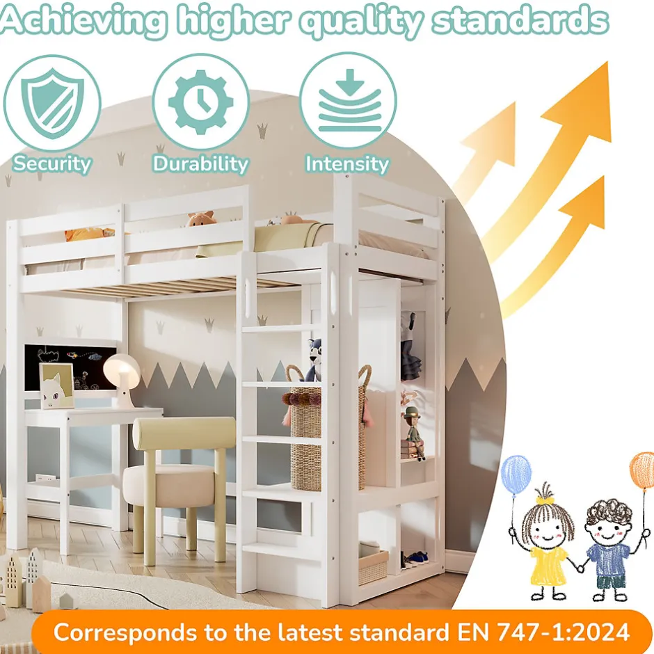 Okwish Lit Mezzanine Enfant Simple 90x200 cm - Bureau, Armoire Ouverte et Étagères, Barrières de Sécurité - sans Matelas - Blanc
