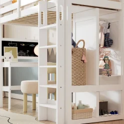 Okwish Lit Mezzanine Enfant Simple 90x200 cm - Bureau, Armoire Ouverte et Étagères, Barrières de Sécurité - sans Matelas - Blanc