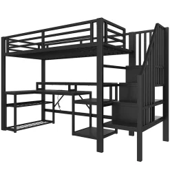 Okwish Lit Mezzanine Enfant 90x200 cm Avec Bureau, LED, Escalier de Rangement, Garde-Corps et Ports USB, Sans Matelas, Métal + MDF, Noir Hot