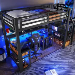 Okwish Lit Mezzanine Enfant 90x200 cm Avec Bureau, LED, Escalier de Rangement, Garde-Corps et Ports USB, Sans Matelas, Métal + MDF, Noir Hot