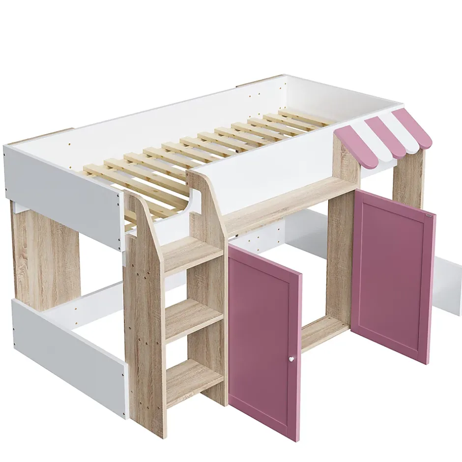 Okwish Lit Mezzanine enfant 90x200 cm avec Échelle et Rangement Ouvert - Bois Massif Naturel et Rose, Sans Matelas Clearance