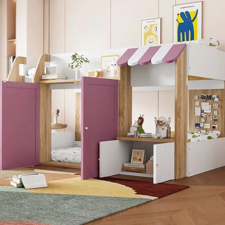 Okwish Lit Mezzanine enfant 90x200 cm avec Échelle et Rangement Ouvert - Bois Massif Naturel et Rose, Sans Matelas Clearance
