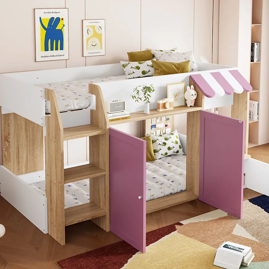 Okwish Lit Mezzanine enfant 90x200 cm avec Échelle et Rangement Ouvert - Bois Massif Naturel et Rose, Sans Matelas Clearance
