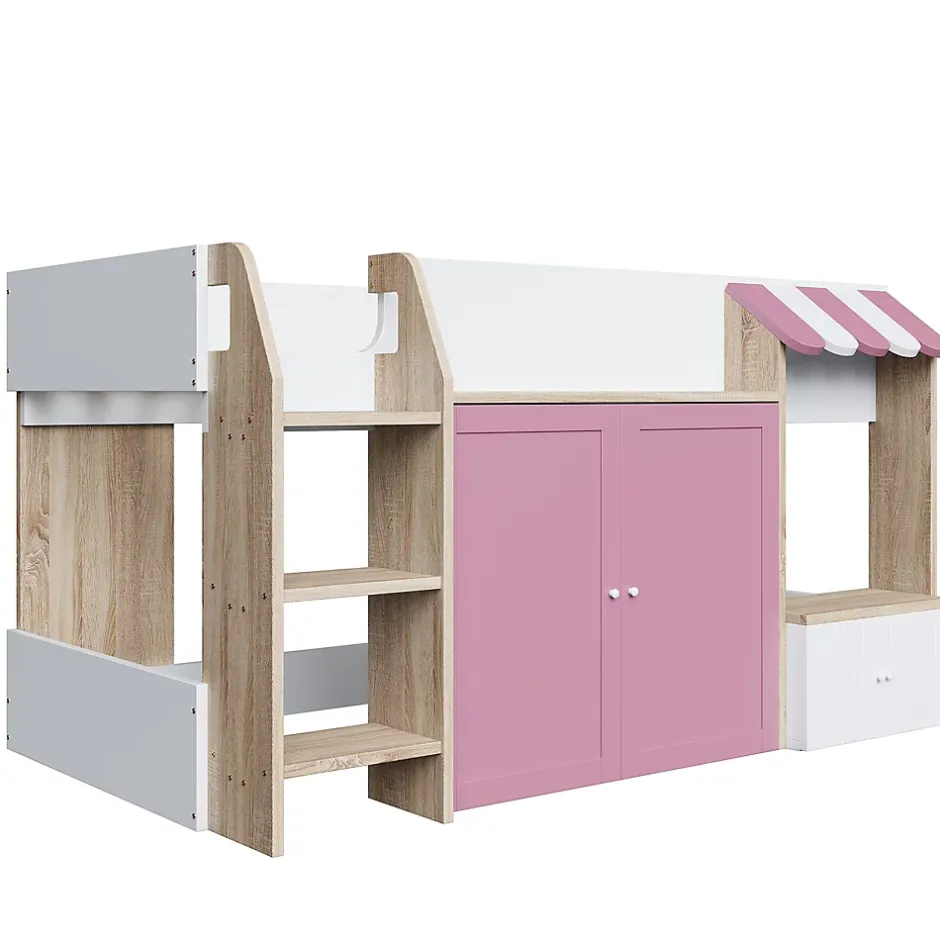 Okwish Lit Mezzanine enfant 90x200 cm avec Échelle et Rangement Ouvert - Bois Massif Naturel et Rose, Sans Matelas Clearance