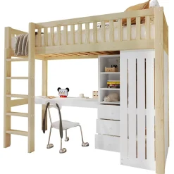 Okwish Lit Mezzanine Enfant 90x200 cm - avec Bureau Intégré, Armoire et 3 Tiroirs, Échelle et Garde-Corps, Bois Naturel - sans Matelas Clearance