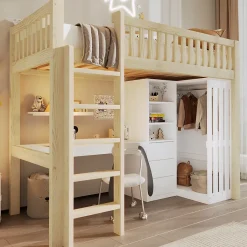 Okwish Lit Mezzanine Enfant 90x200 cm - avec Bureau Intégré, Armoire et 3 Tiroirs, Échelle et Garde-Corps, Bois Naturel - sans Matelas Clearance