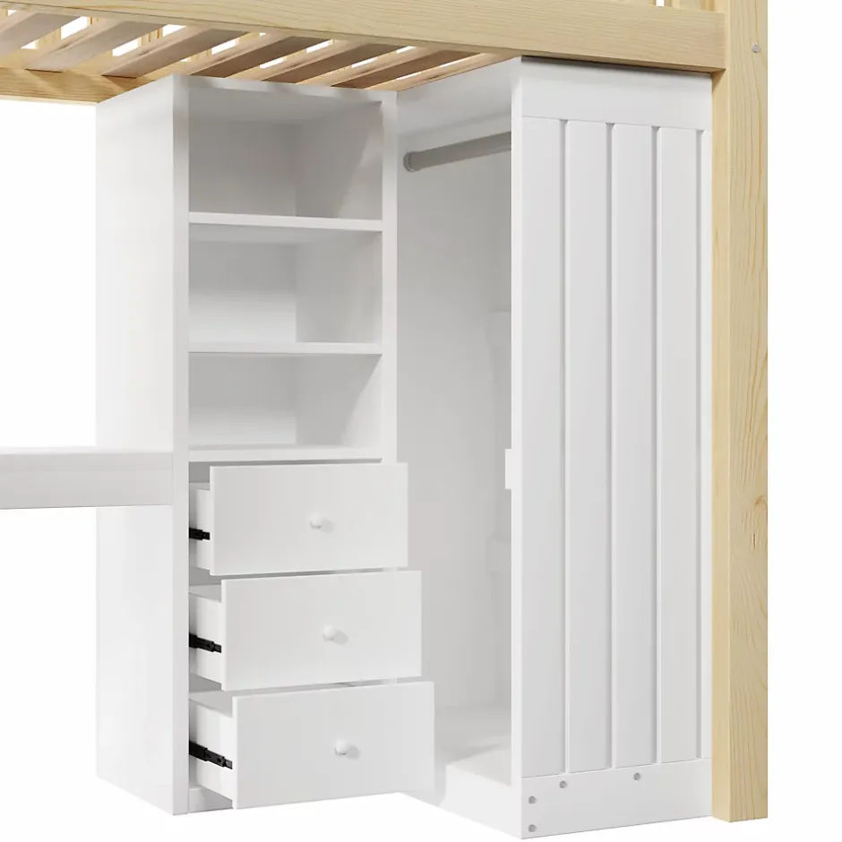 Okwish Lit Mezzanine Enfant 90x200 cm - avec Bureau Intégré, Armoire et 3 Tiroirs, Échelle et Garde-Corps, Bois Naturel - sans Matelas Clearance