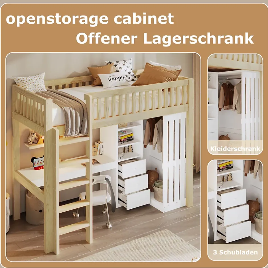 Okwish Lit Mezzanine Enfant 90x200 cm - avec Bureau Intégré, Armoire et 3 Tiroirs, Échelle et Garde-Corps, Bois Naturel - sans Matelas Clearance