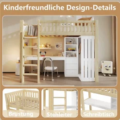 Okwish Lit Mezzanine Enfant 90x200 cm - avec Bureau Intégré, Armoire et 3 Tiroirs, Échelle et Garde-Corps, Bois Naturel - sans Matelas Clearance