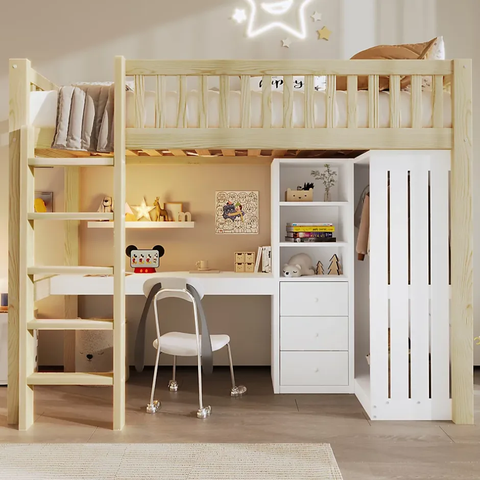 Okwish Lit Mezzanine Enfant 90x200 cm - avec Bureau Intégré, Armoire et 3 Tiroirs, Échelle et Garde-Corps, Bois Naturel - sans Matelas Clearance