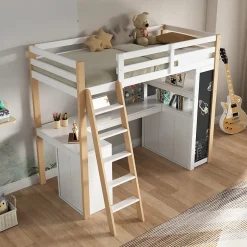 Okwish Lit Mezzanine enfant 90x200 cm - avec Bureau et Grand Tiroir de Rangement - Sans Matelas - Bois Massif et MDF, Blanc et Naturel