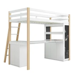 Okwish Lit Mezzanine enfant 90x200 cm - avec Bureau et Grand Tiroir de Rangement - Sans Matelas - Bois Massif et MDF, Blanc et Naturel