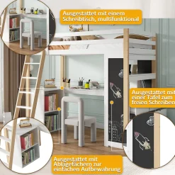Okwish Lit Mezzanine enfant 90x200 cm - avec Bureau et Grand Tiroir de Rangement - Sans Matelas - Bois Massif et MDF, Blanc et Naturel