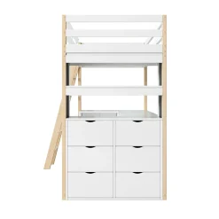 Okwish Lit Mezzanine enfant 90x200 cm - avec Bureau et Grand Tiroir de Rangement - Sans Matelas - Bois Massif et MDF, Blanc et Naturel
