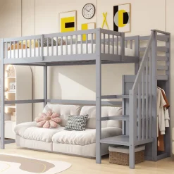 Okwish Lit Mezzanine enfant 90x200 cm avec Rangement, Escalier et Petit Dressing Intégré Bois Gris, Multifonction pour Chambre Ado, Gris