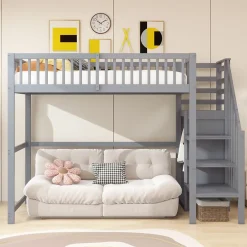 Okwish Lit Mezzanine enfant 90x200 cm avec Rangement, Escalier et Petit Dressing Intégré Bois Gris, Multifonction pour Chambre Ado, Gris