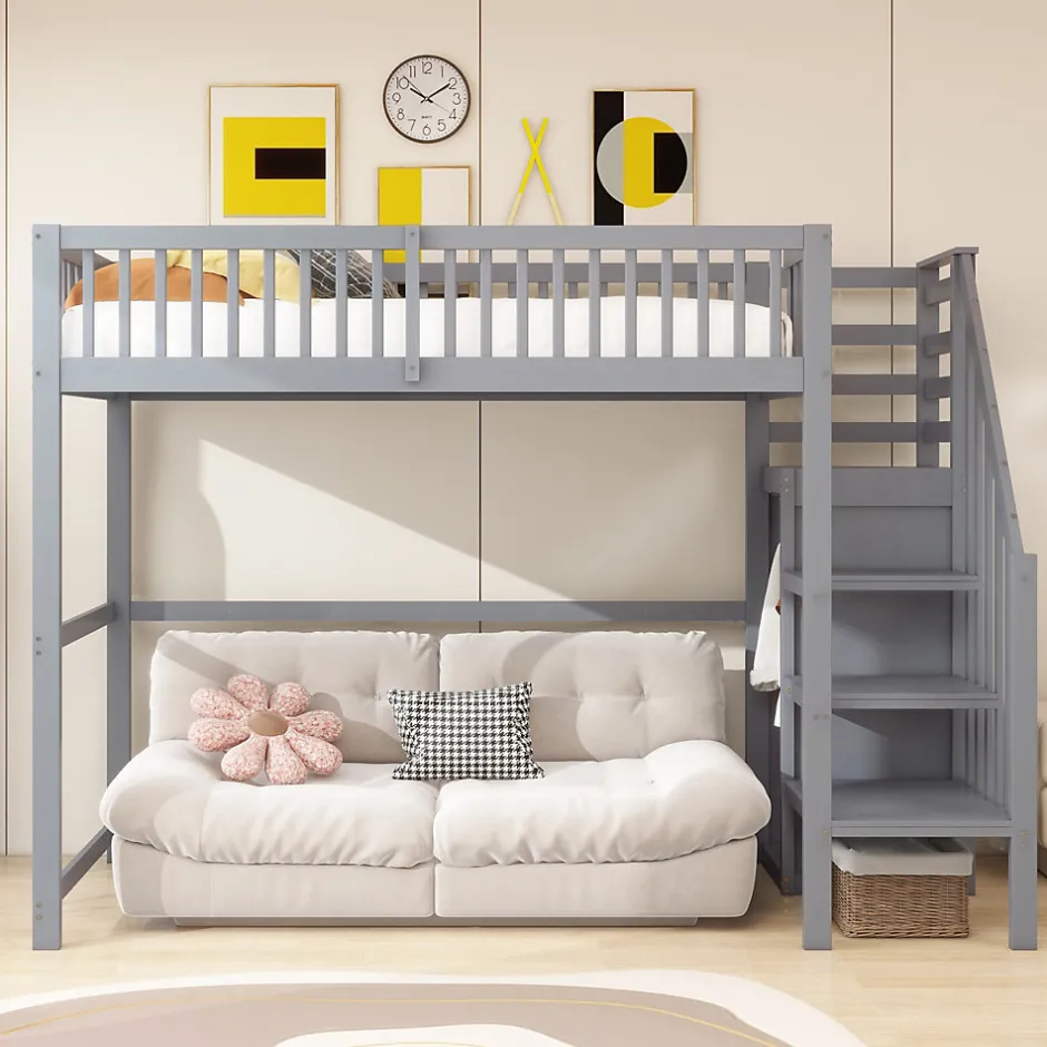 Okwish Lit Mezzanine enfant 90x200 cm avec Rangement, Escalier et Petit Dressing Intégré Bois Gris, Multifonction pour Chambre Ado, Gris