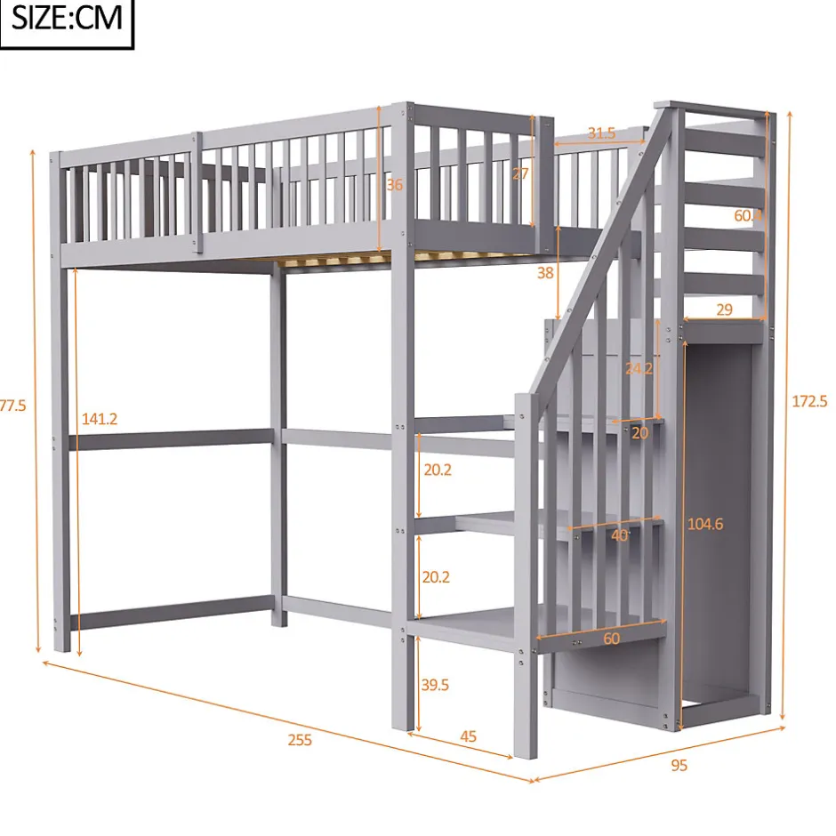 Okwish Lit Mezzanine enfant 90x200 cm avec Rangement, Escalier et Petit Dressing Intégré Bois Gris, Multifonction pour Chambre Ado, Gris