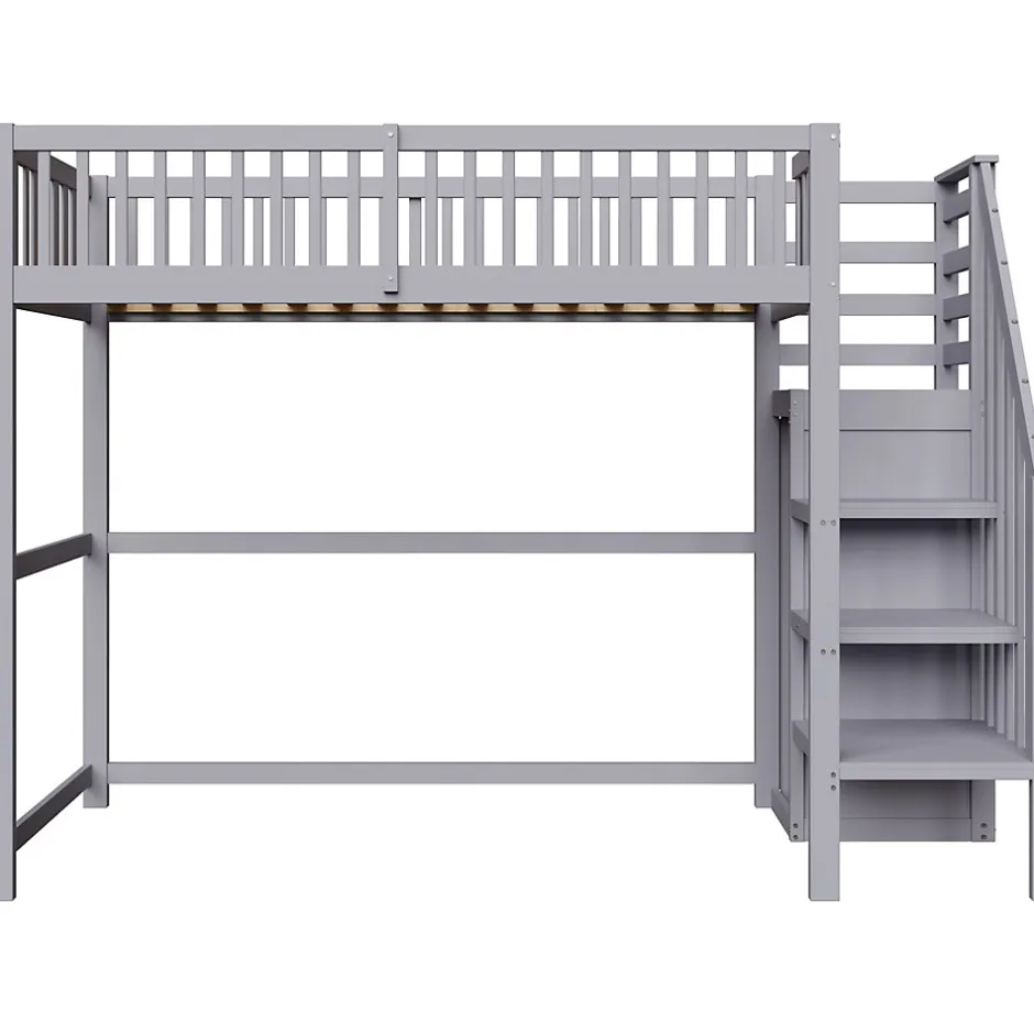 Okwish Lit Mezzanine enfant 90x200 cm avec Rangement, Escalier et Petit Dressing Intégré Bois Gris, Multifonction pour Chambre Ado, Gris