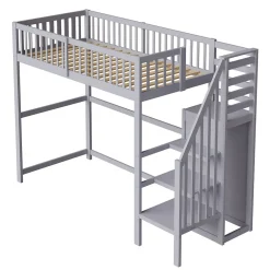 Okwish Lit Mezzanine enfant 90x200 cm avec Rangement, Escalier et Petit Dressing Intégré Bois Gris, Multifonction pour Chambre Ado, Gris