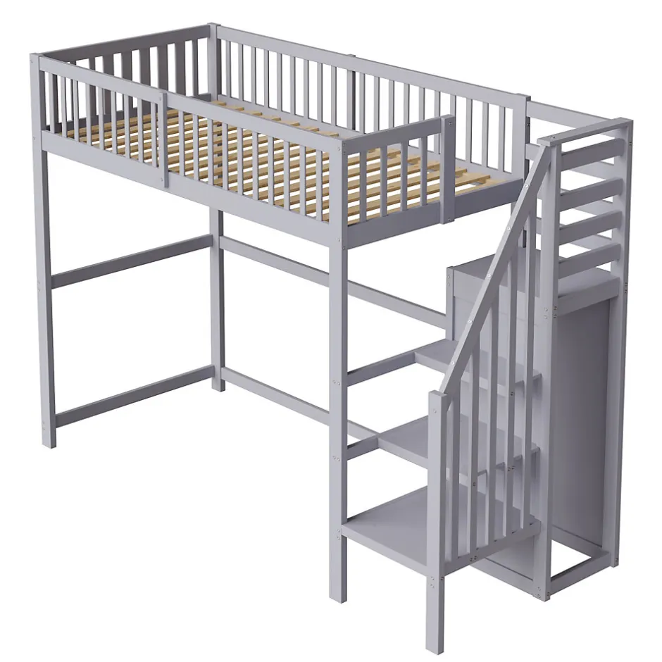 Okwish Lit Mezzanine enfant 90x200 cm avec Rangement, Escalier et Petit Dressing Intégré Bois Gris, Multifonction pour Chambre Ado, Gris