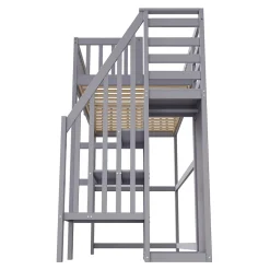 Okwish Lit Mezzanine enfant 90x200 cm avec Rangement, Escalier et Petit Dressing Intégré Bois Gris, Multifonction pour Chambre Ado, Gris