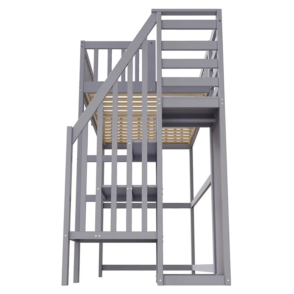Okwish Lit Mezzanine enfant 90x200 cm avec Rangement, Escalier et Petit Dressing Intégré Bois Gris, Multifonction pour Chambre Ado, Gris