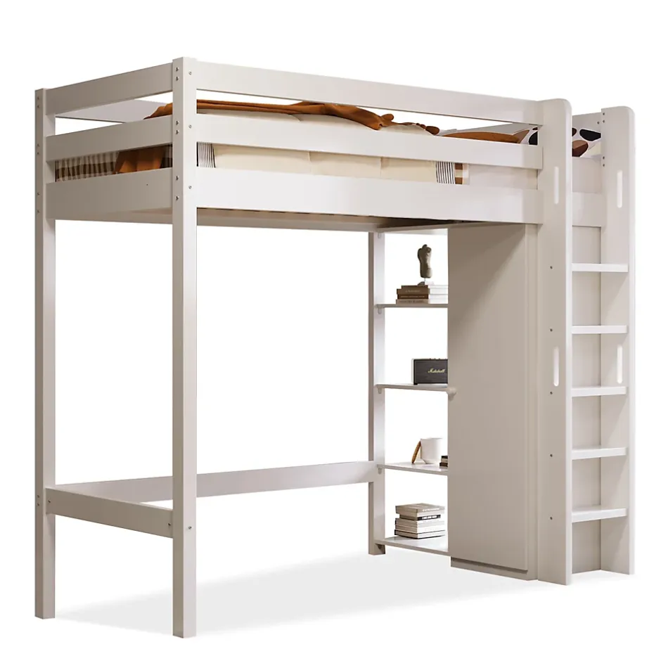 Okwish Lit Mezzanine Enfant 90x200 cm - Lit avec Armoire et 6 Étagères, Bois Massif et Panneaux E1, Blanc New