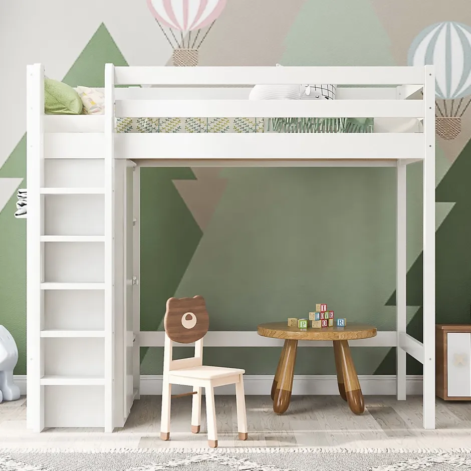 Okwish Lit Mezzanine Enfant 90x200 cm - Lit avec Armoire et 6 Étagères, Bois Massif et Panneaux E1, Blanc New