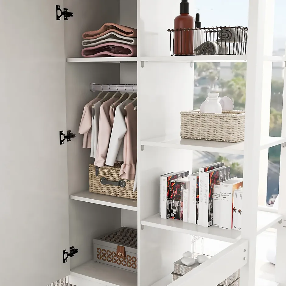 Okwish Lit Mezzanine Enfant 90x200 cm - Lit avec Armoire et 6 Étagères, Bois Massif et Panneaux E1, Blanc New