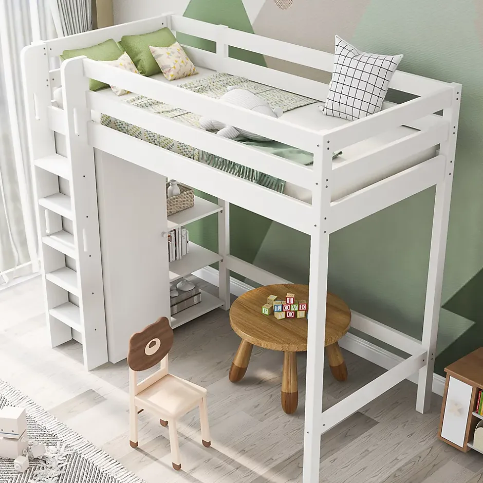 Okwish Lit Mezzanine Enfant 90x200 cm - Lit avec Armoire et 6 Étagères, Bois Massif et Panneaux E1, Blanc New