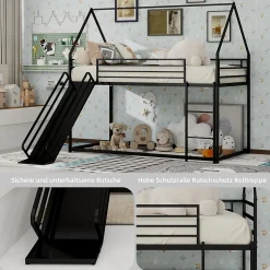Okwish Lit Mezzanine Enfant 90x190 cm - Lit Maison avec Toboggan et Échelle, Métal Noir, Sans Matelas