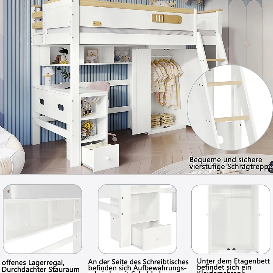 Okwish Lit Mezzanine enfant 90x200 cm Bois avec Bureau, Échelle à Niveaux, Protection Anti-Chute, Rangement, Blanc/Naturel, Sans Matelas