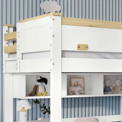 Okwish Lit Mezzanine enfant 90x200 cm Bois avec Bureau, Échelle à Niveaux, Protection Anti-Chute, Rangement, Blanc/Naturel, Sans Matelas