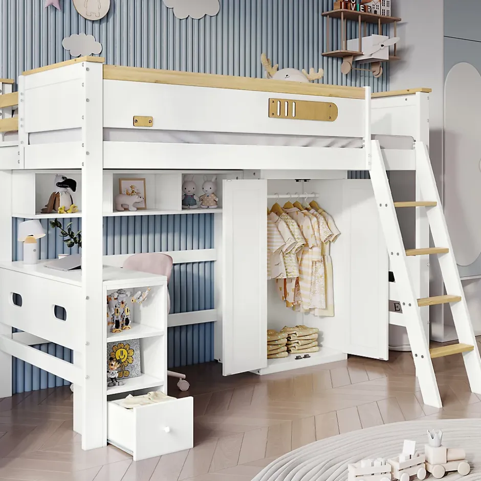 Okwish Lit Mezzanine enfant 90x200 cm Bois avec Bureau, Échelle à Niveaux, Protection Anti-Chute, Rangement, Blanc/Naturel, Sans Matelas