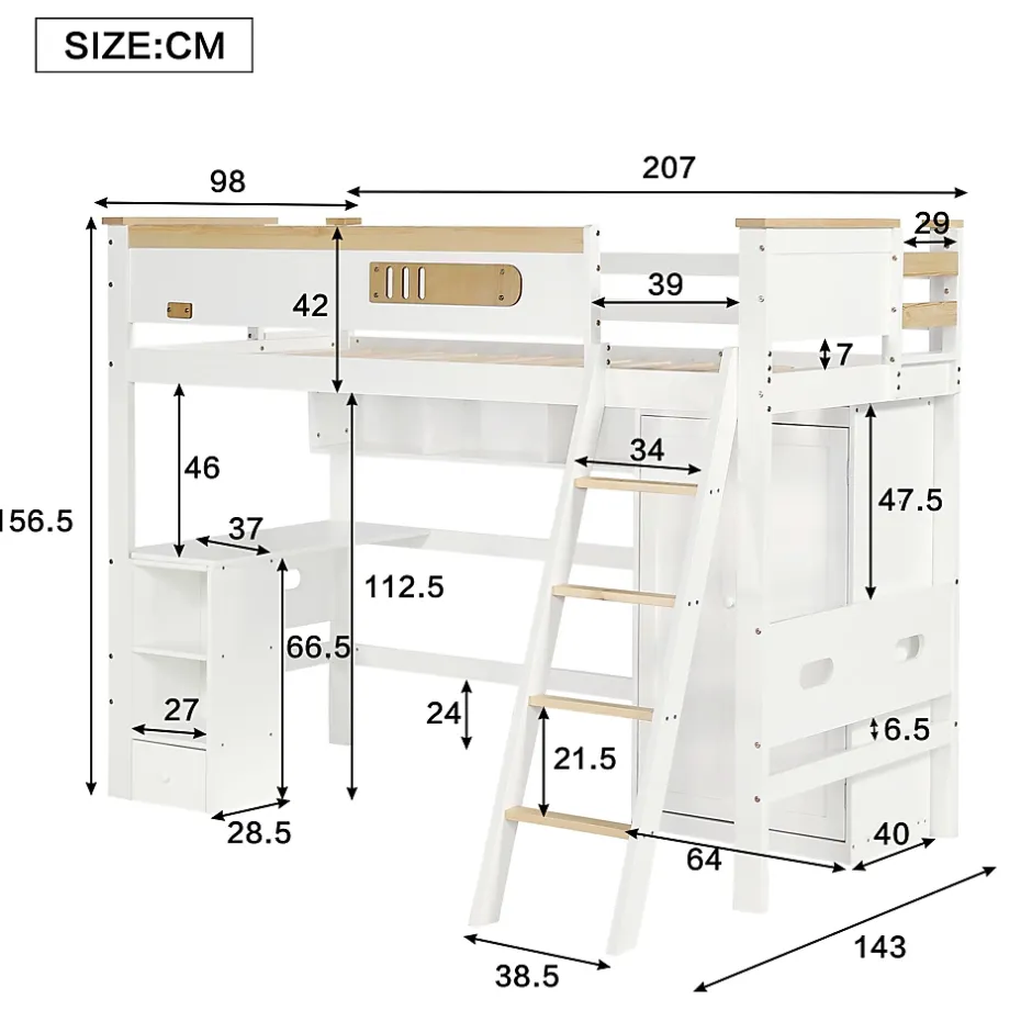 Okwish Lit Mezzanine enfant 90x200 cm Bois avec Bureau, Échelle à Niveaux, Protection Anti-Chute, Rangement, Blanc/Naturel, Sans Matelas