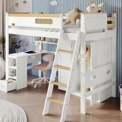 Okwish Lit Mezzanine enfant 90x200 cm Bois avec Bureau, Échelle à Niveaux, Protection Anti-Chute, Rangement, Blanc/Naturel, Sans Matelas
