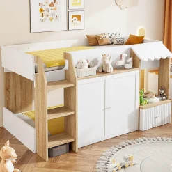 Okwish Lit Mezzanine enfant 90x200 cm avec Échelle et Rangement Ouvert - Bois Massif Naturel et Blanc, Sans Matelas