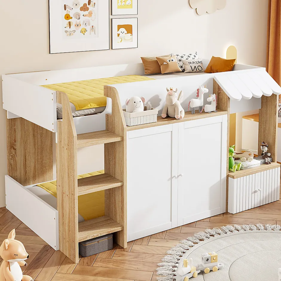 Okwish Lit Mezzanine enfant 90x200 cm avec Échelle et Rangement Ouvert - Bois Massif Naturel et Blanc, Sans Matelas