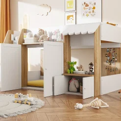 Okwish Lit Mezzanine enfant 90x200 cm avec Échelle et Rangement Ouvert - Bois Massif Naturel et Blanc, Sans Matelas