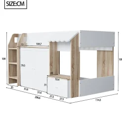 Okwish Lit Mezzanine enfant 90x200 cm avec Échelle et Rangement Ouvert - Bois Massif Naturel et Blanc, Sans Matelas