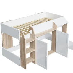 Okwish Lit Mezzanine enfant 90x200 cm avec Échelle et Rangement Ouvert - Bois Massif Naturel et Blanc, Sans Matelas