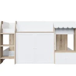 Okwish Lit Mezzanine enfant 90x200 cm avec Échelle et Rangement Ouvert - Bois Massif Naturel et Blanc, Sans Matelas