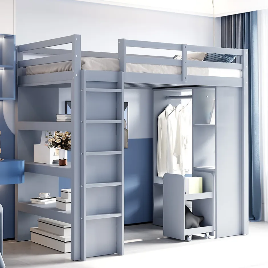 Okwish Lit Mezzanine enfant 90x200 cm en Bois Gris avec Étagères, Porte-Vêtements & Chariot de Rangement Amovible - Multifonction - Gris