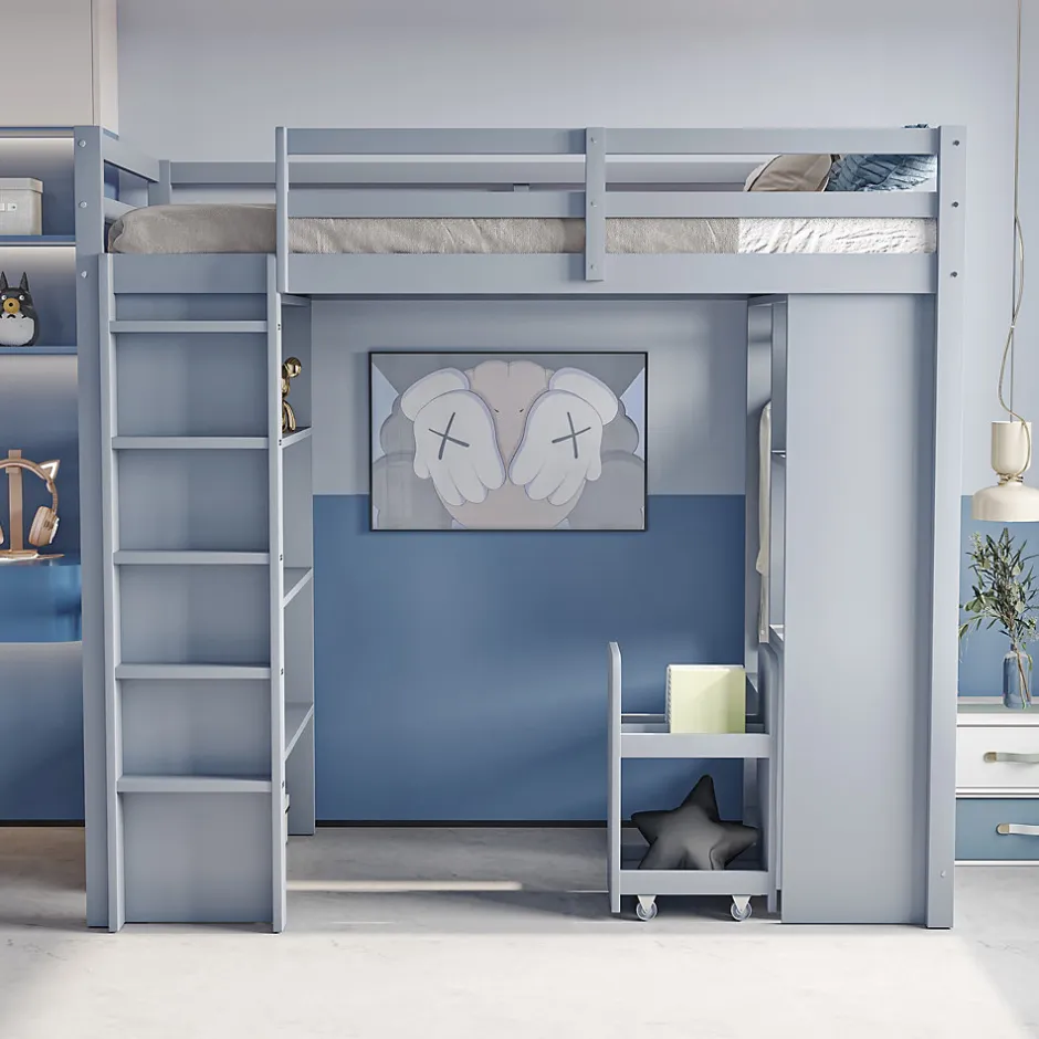 Okwish Lit Mezzanine enfant 90x200 cm en Bois Gris avec Étagères, Porte-Vêtements & Chariot de Rangement Amovible - Multifonction - Gris