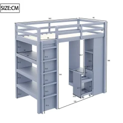 Okwish Lit Mezzanine enfant 90x200 cm en Bois Gris avec Étagères, Porte-Vêtements & Chariot de Rangement Amovible - Multifonction - Gris