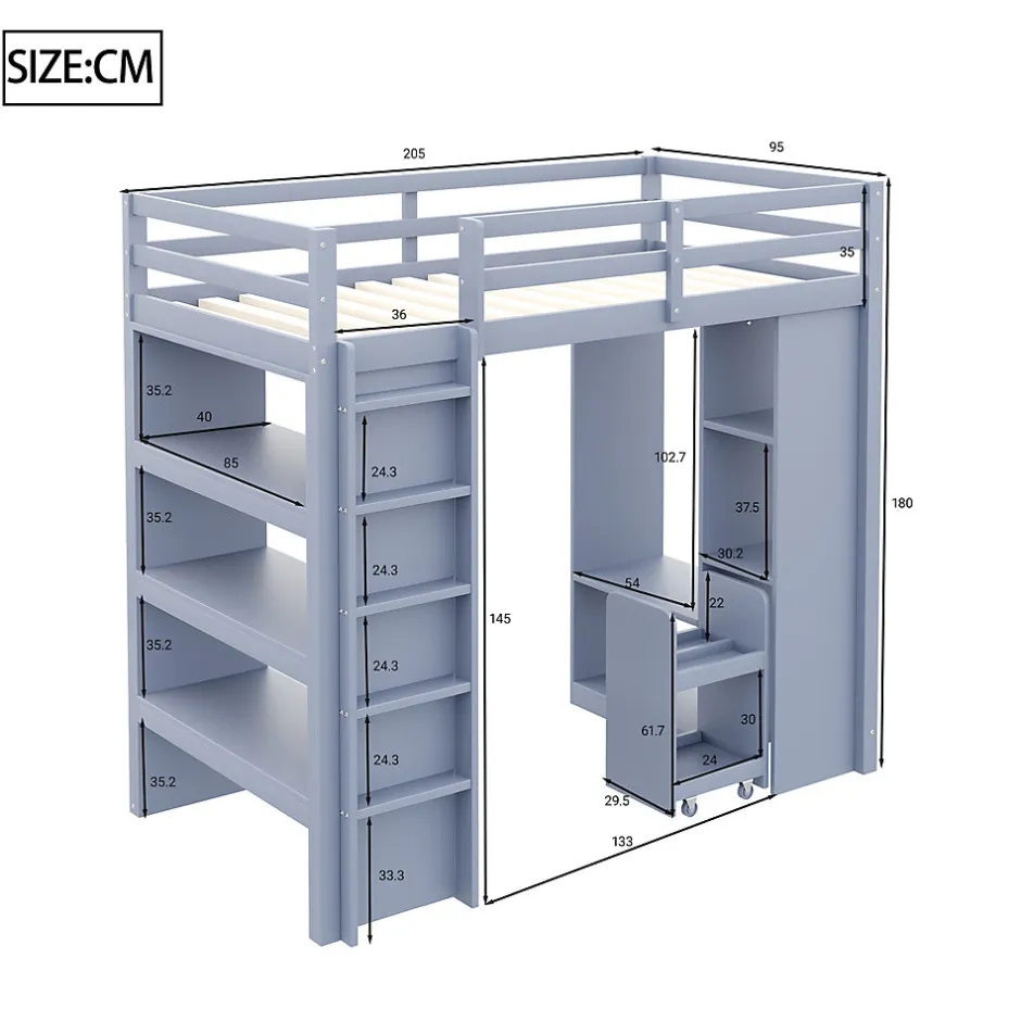 Okwish Lit Mezzanine enfant 90x200 cm en Bois Gris avec Étagères, Porte-Vêtements & Chariot de Rangement Amovible - Multifonction - Gris