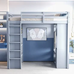 Okwish Lit Mezzanine enfant 90x200 cm en Bois Gris avec Étagères, Porte-Vêtements & Chariot de Rangement Amovible - Multifonction - Gris