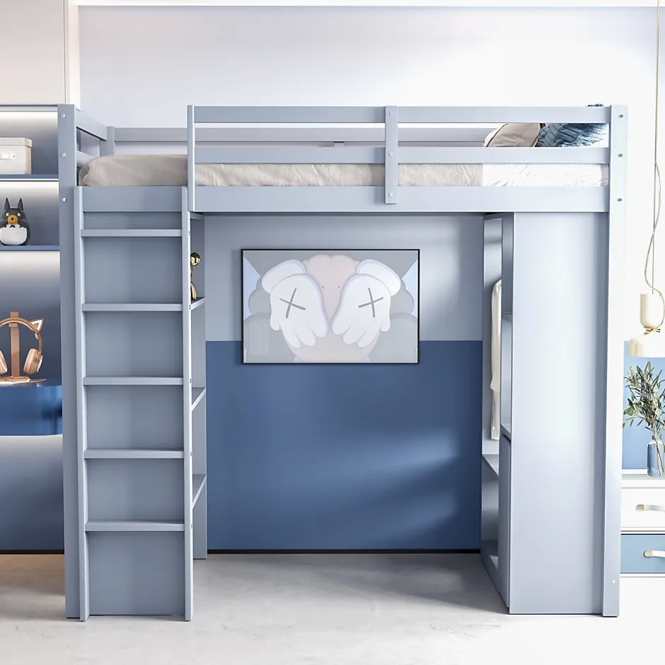 Okwish Lit Mezzanine enfant 90x200 cm en Bois Gris avec Étagères, Porte-Vêtements & Chariot de Rangement Amovible - Multifonction - Gris