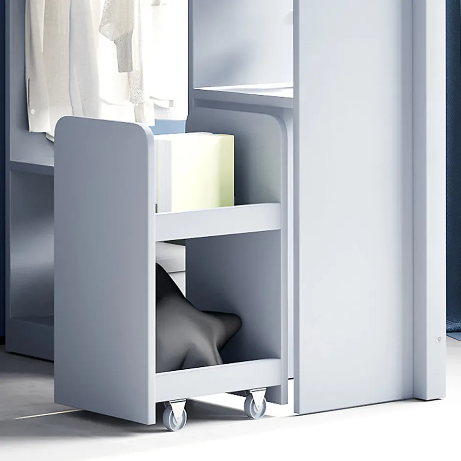 Okwish Lit Mezzanine enfant 90x200 cm en Bois Gris avec Étagères, Porte-Vêtements & Chariot de Rangement Amovible - Multifonction - Gris